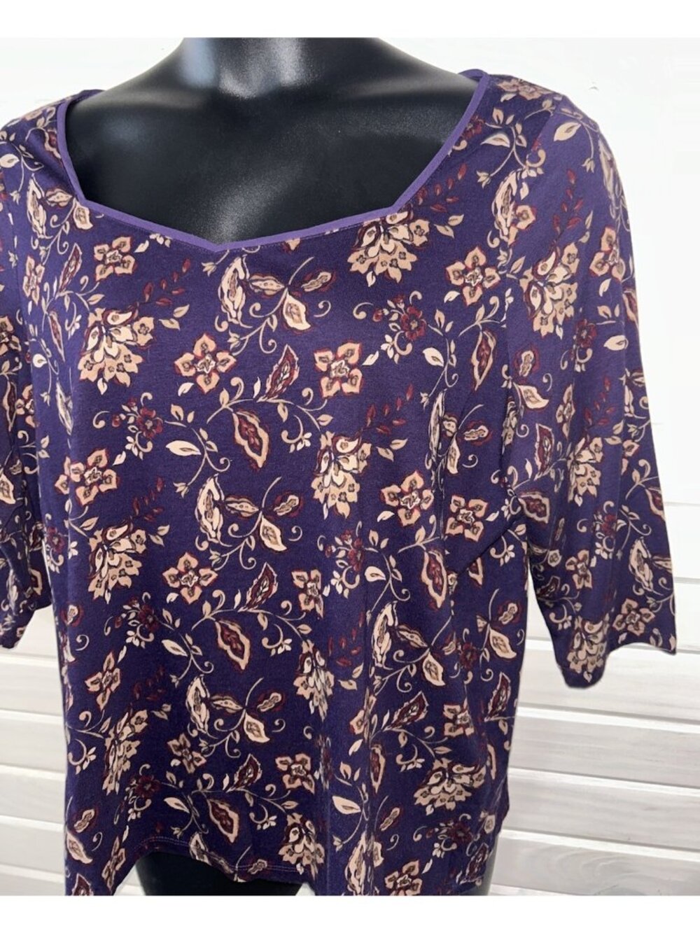 Chaps Ralph Lauren Sz PLUS 2X Purple Khaki Floral Pullover Top 100% Cotton EUC